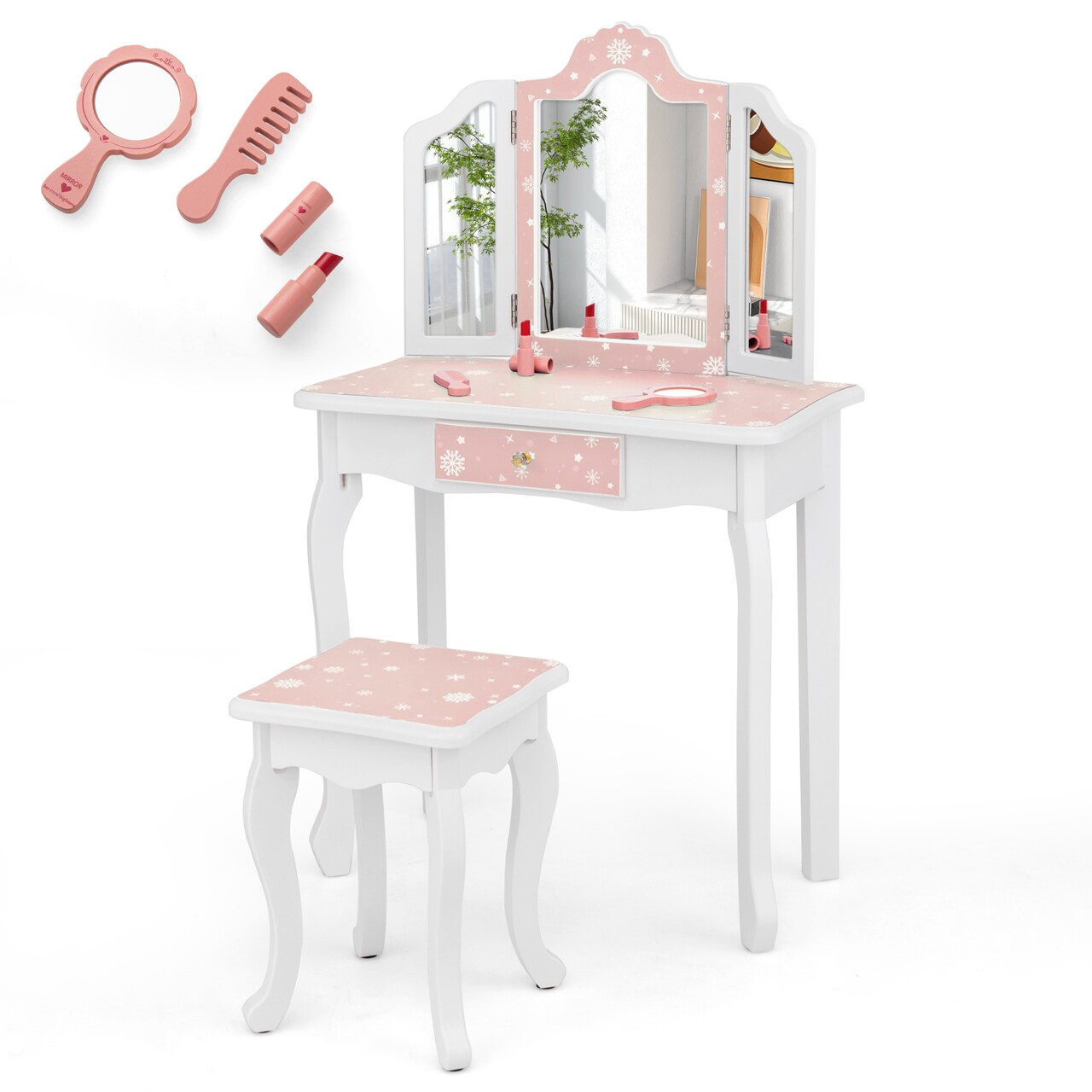 Pretend Play Princess Makeup Table and Stool with Adjustable Tri-Folding Mirror